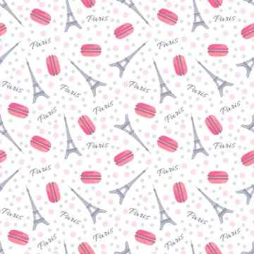 Seamless pattern with tasty macaroons, Eiffel Tower, Paris and dots Stock Illustration