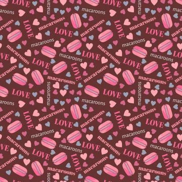Seamless pattern with tasty macaroons, hearts and love Illustrazione stock