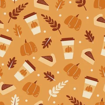 Seamless pattern with tasty pumpkin pie and Funny spicy coffee. Dessert set イラスト素材