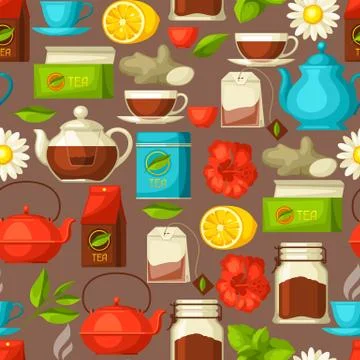 Seamless pattern with tea and accessories, packs and kettles イラスト素材