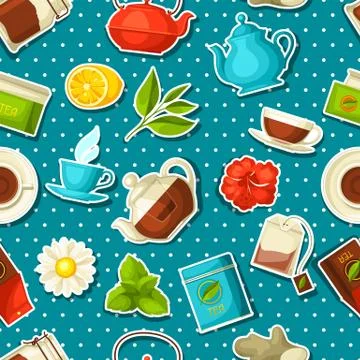 Seamless pattern with tea and accessories, packs and kettles Illustrazione stock