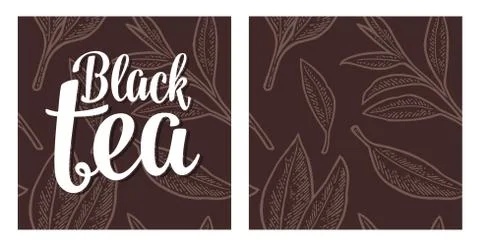 Seamless pattern tea with branch and leaf. Vector vintage engraving Stock Illustration