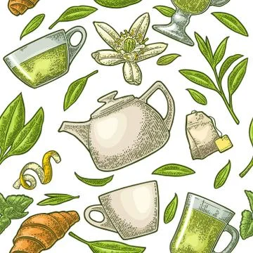 Seamless pattern tea with branch and leaf. Vector vintage engraving Stockillustratie
