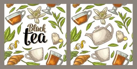 Seamless pattern tea with branch and leaf. Vector vintage engraving Stockillustratie
