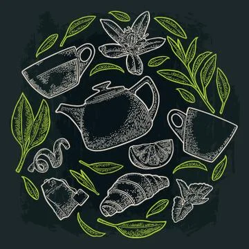 Seamless pattern tea with branch and leaf tea. Vector vintage engraving Stock Illustration