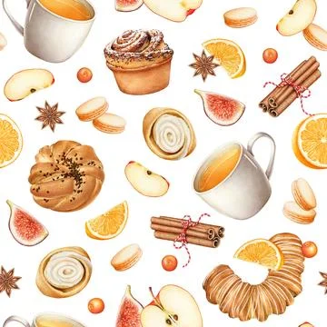 Seamless pattern with tea cups, desserts, sweet fruits and cinnamon sticks Stock Illustration