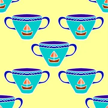 Seamless pattern with tea cups with sea motifs. Stock Illustration