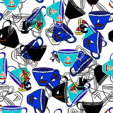 Seamless pattern with tea cups with sea motifs. Illustrazione stock