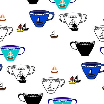 Seamless pattern with tea cups with sea motifs. Illustrazione stock