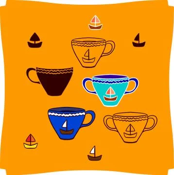 Seamless pattern with tea cups with sea motifs. Illustrazione stock