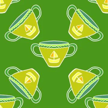 Seamless pattern with tea cups with sea motifs. Stock Illustration