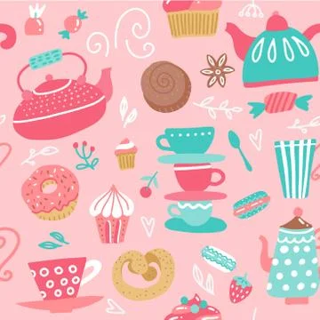Seamless pattern with tea kettles. Cups, sweets, candies. Food and drinks. Ha Stock Illustration