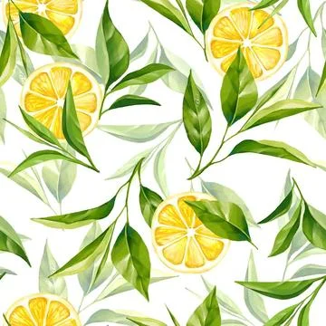 Seamless pattern with tea leaves and lemon fruit. Floral background. Seaml... Stock Photos