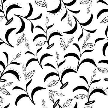 Seamless pattern of tea leaves black and white. For the design of wrapping paper Stock Illustration