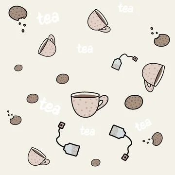 Seamless pattern with tea mug biscuits tea bag Stock Illustration