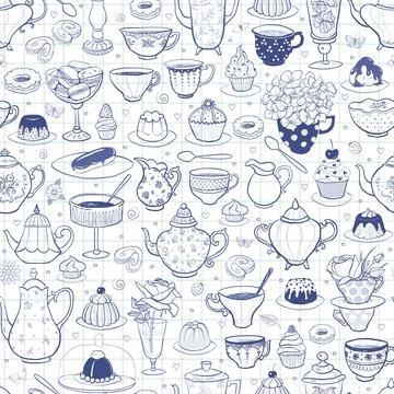 Seamless pattern with tea party in English style on lined paper background. Tea Stock Illustration
