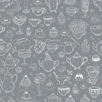 Seamless pattern with tea party in English style. Tea cups, teapots, bakery Illustrazione stock