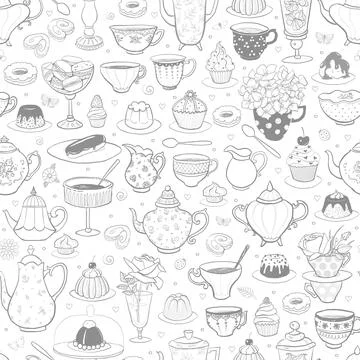 Seamless pattern with tea party in English style. Tea cups, teapots, bakery Stock Illustration