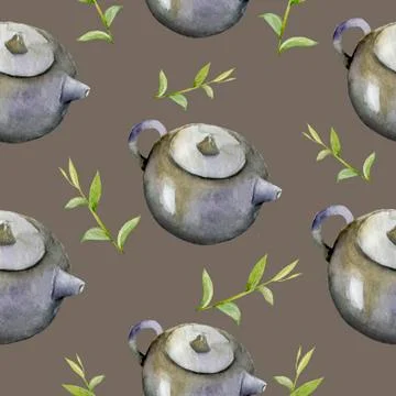 Seamless pattern with tea pots and tea cups. Stock Illustration