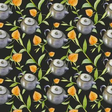 Seamless pattern with tea pots and tea cups. Stock Illustration