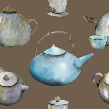 Seamless pattern with tea pots and tea cups. Stock Illustration