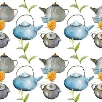 Seamless pattern with tea pots and tea cups. Stock Illustration