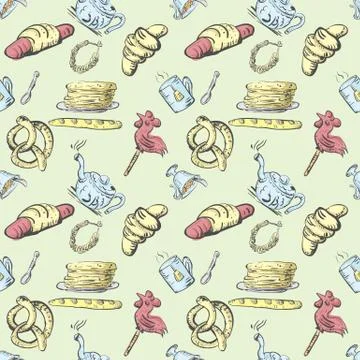 Seamless pattern tea set and pastries and sweets 3 Stock Illustration