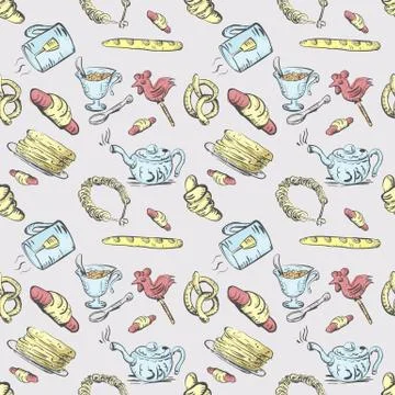 Seamless pattern tea set and pastries and sweets 4 Stock Illustration