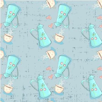 Seamless pattern with Tea time cute childish teapot and cup with heart on grunge Stock Illustration
