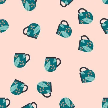Seamless pattern teal mug with leaves and berries pattern 스톡 일러스트