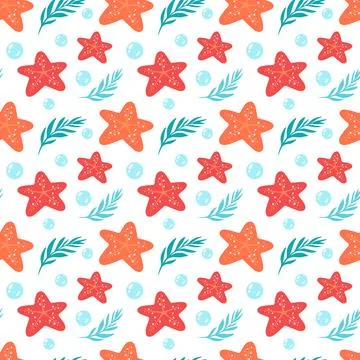 Seamless pattern of teal starfish and palm leaves. Stock Illustration