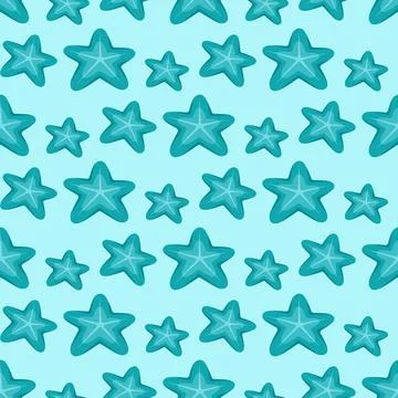 Seamless pattern of teal starfish on a light blue background Stock Illustration