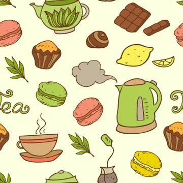 Seamless pattern with teapot and cakes Stock Illustration