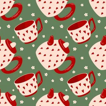 Seamless pattern with teapot and cup with red heart and daisy on green Stock Illustration