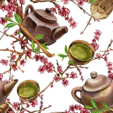 Seamless pattern teapot, bowl, bamboo spoon matcha, whisk, blooming sakura Stock Illustration