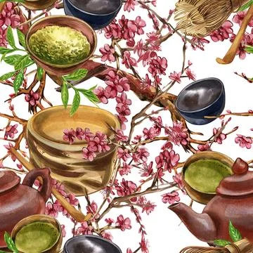 Seamless pattern teapot, bowl, bamboo spoon matcha, whisk, blooming sakura Stock Illustration