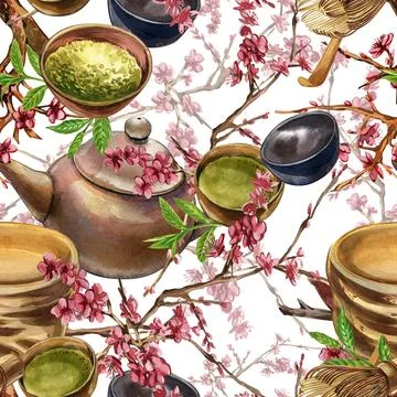 Seamless pattern teapot, bowl, bamboo spoon matcha, whisk, blooming sakura Stock Illustration
