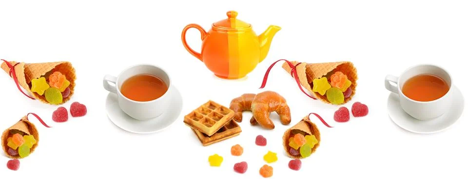 Seamless pattern. Teapot, cup of tea and pastry isolated on white background. Stock Photos