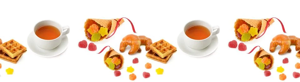 Seamless pattern. Teapot, cup of tea and pastry isolated on white background. Stock Photos