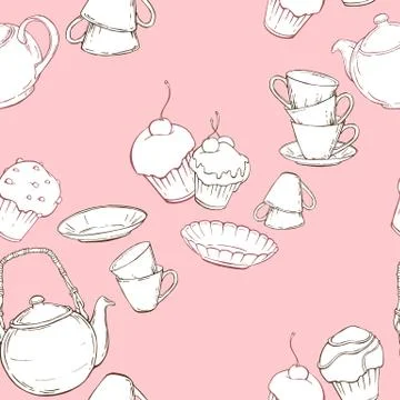 Seamless pattern with teapot, cups and cake on pink background Stock Illustration