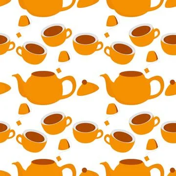 Seamless pattern of teapot, teacup and teabag Stock Illustration