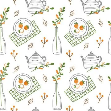 Seamless pattern with teapot, vase with twigs, plates with persimmon Stock Illustration
