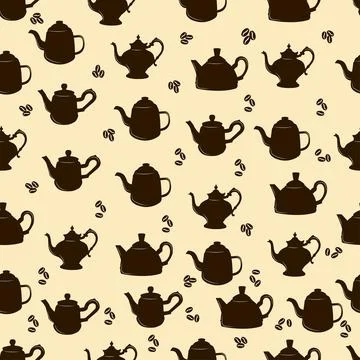 Seamless pattern of teapots and coffee beans Illustrazione stock