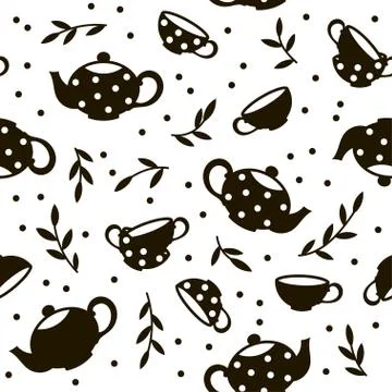 Seamless pattern with teapots and cups. Black and white vector template. Stock Illustration