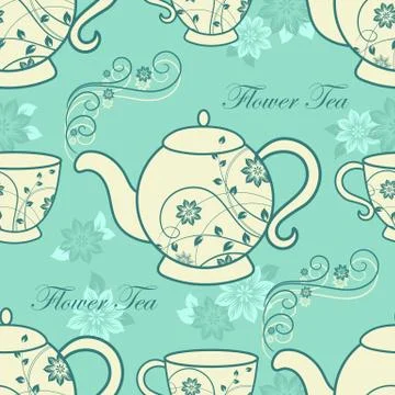 Seamless pattern with teapots and cups with floral design elements. イラスト素材