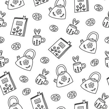 Seamless pattern with teapots, cups, cookies and books. Stock Illustration
