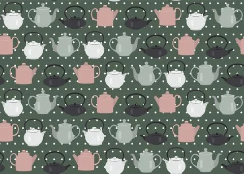 Seamless pattern teapots dots green Stock Illustration