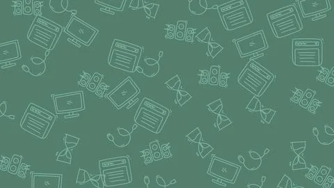 Seamless Pattern of Technology and Time Management Icons on Green Background. 스톡 일러스트