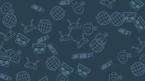 Seamless Pattern of Technology Icons on Dark Blue Background. Stock Illustration