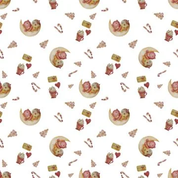 Seamless pattern with teddy bear sleeping on the moon and decorative New Year Ilustração Stock